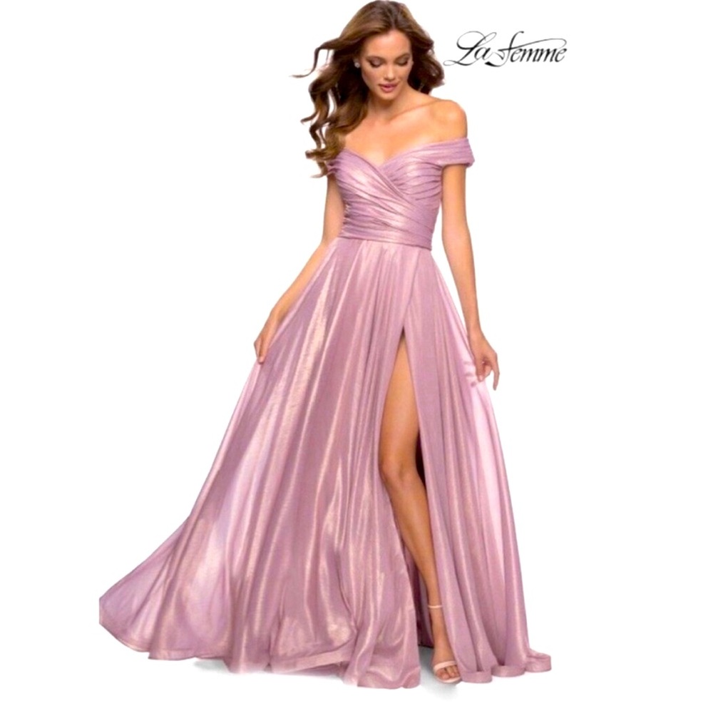 La Femme pink/ gold/ rose off shoulder floor length formal prom gown